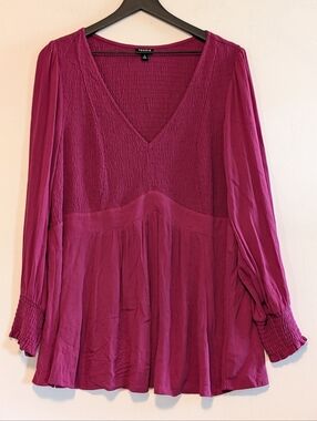 Torrid Size 2 Berry Pink Smocked Babydoll Peplum Tunic Long Sleeve Blouse Plus
